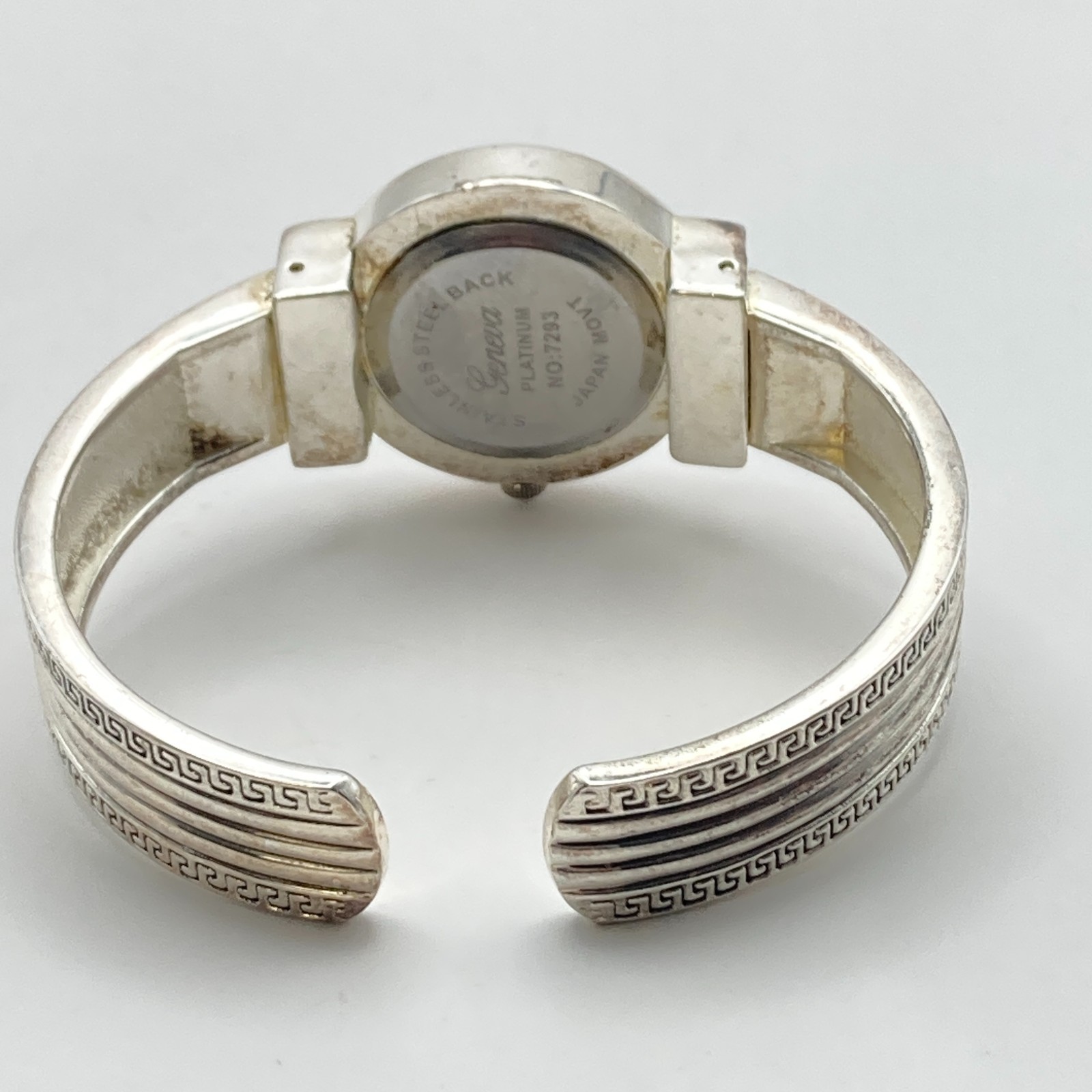 Geneva Women’s Watch 27mm Greek Key Silver Tone Cuff Round New Battery 6.25″
