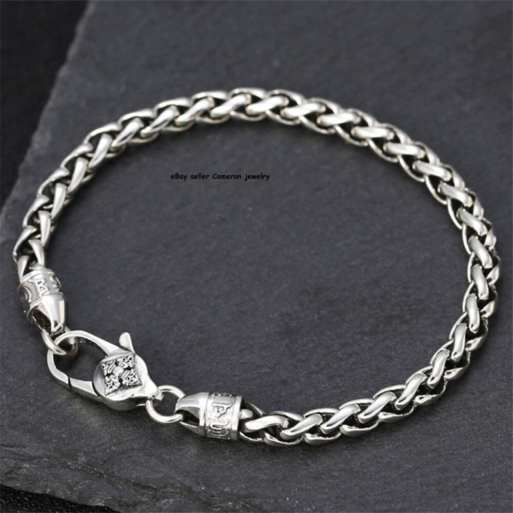 Pure S925 Sterling Silver Chain Unisex 5mm Cross Wheat Link Bracelet 7.1-8.3inch