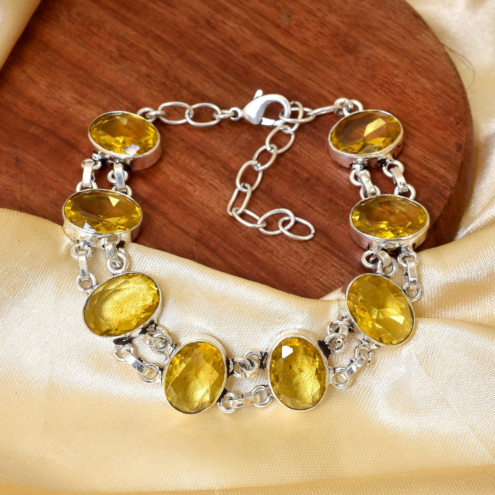 Solid 925-Streling Silver Citrine Gemstone Vintage Style Women Gift Bracelet 7-8
