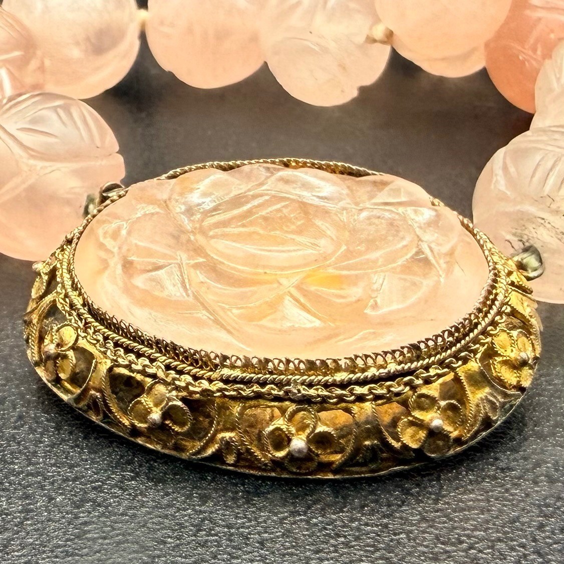 Chinese Export Blush Pink Carved Rose Quartz Necklace Floral Pendant 17 Inches