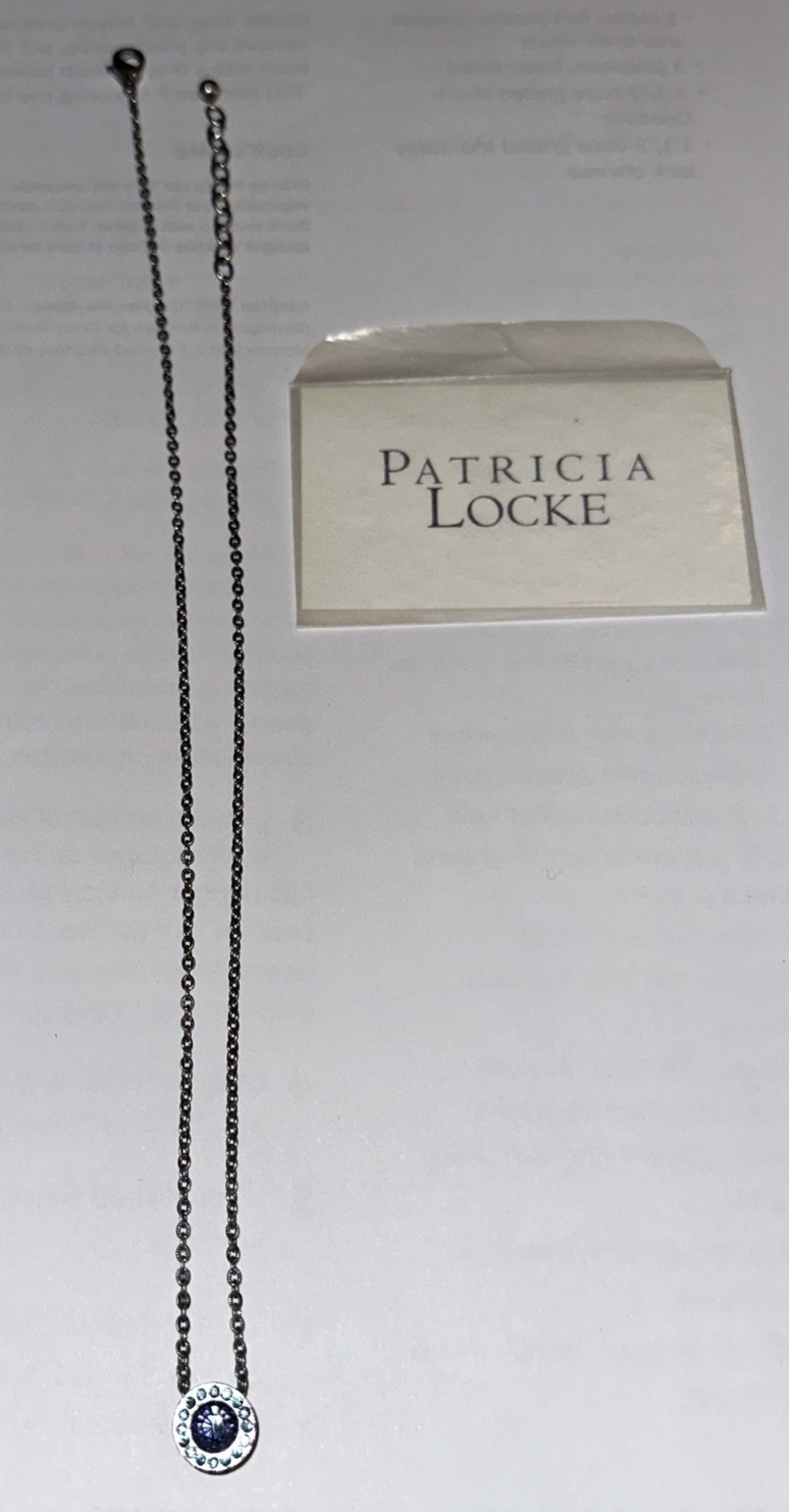 Patricia Locke Signed Silvertone Purple and Blue Crystals Pendant Chain Necklace