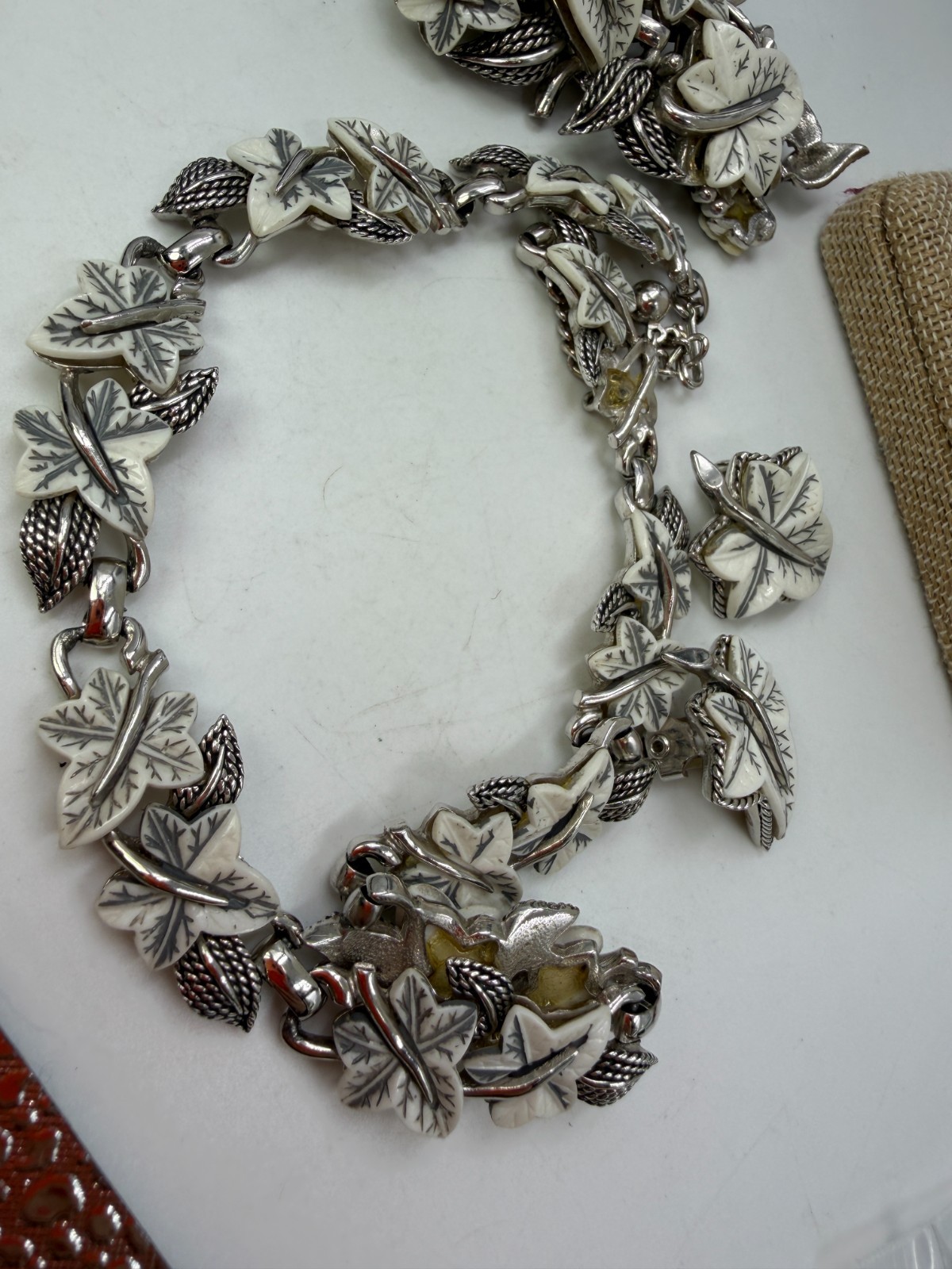 Vintage Boucher Necklace Bracelet Earrings Set White Leaf Silvertone Lot LX