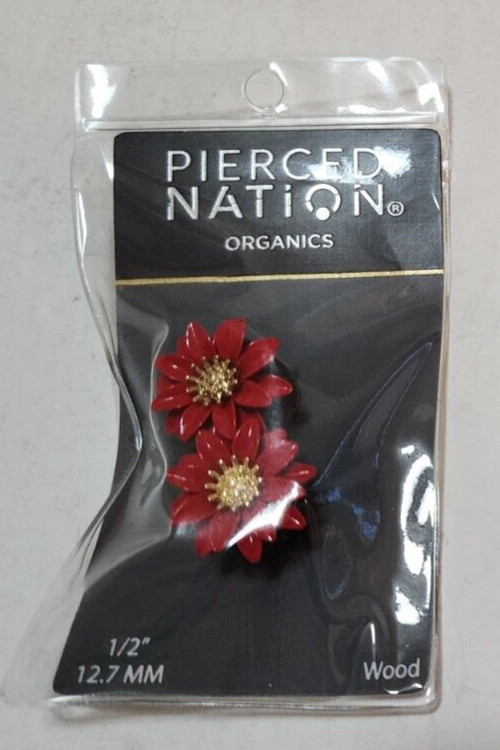 Spencers Pierced Nation Organics Gauges Red Daisy Flower Wood 1/2″ 12.7MM New