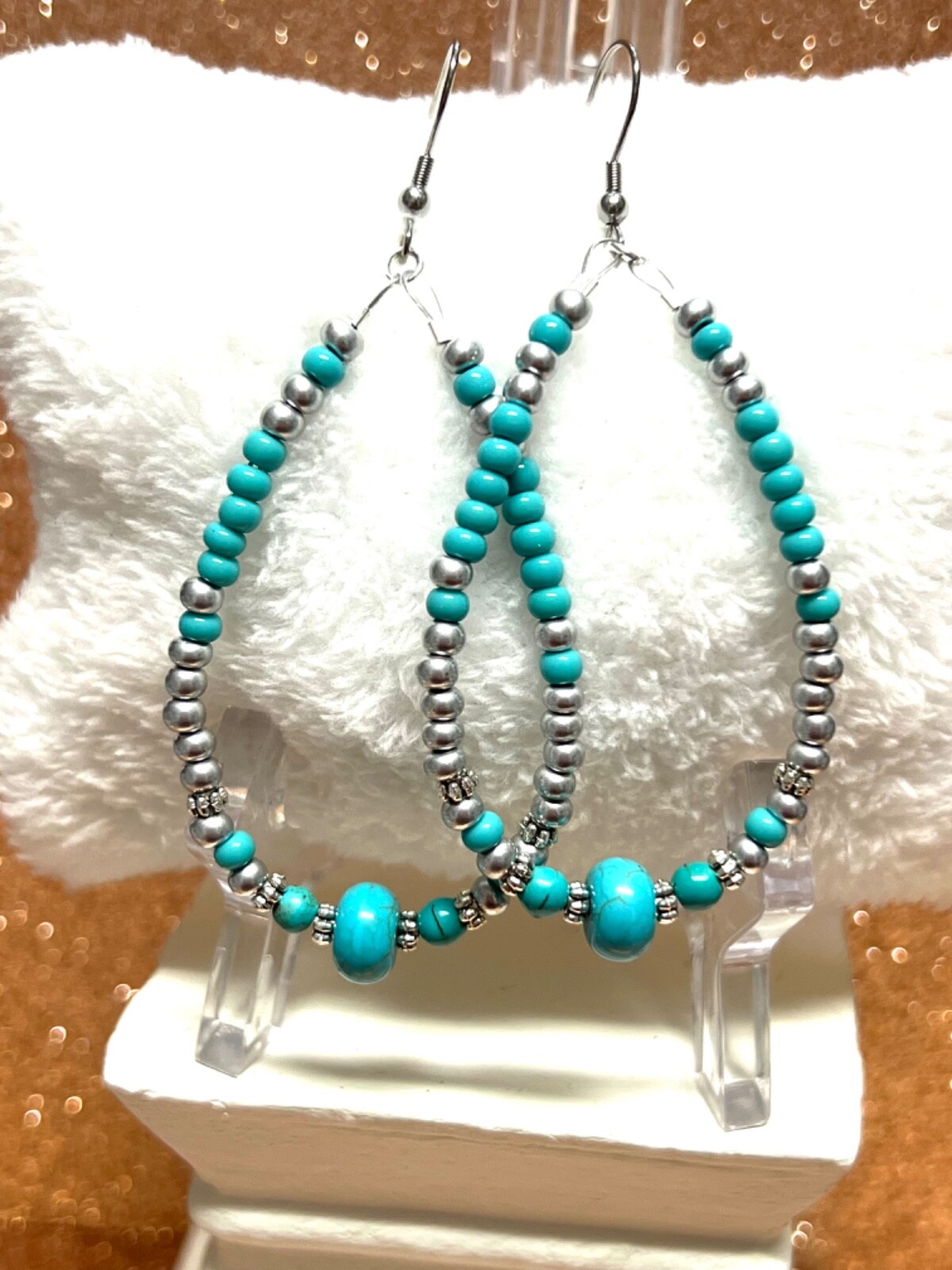 Shiny Silver Seed Bead Teardrop Hypo Earrings W Turquoise Roundelle Beads 3.5 In