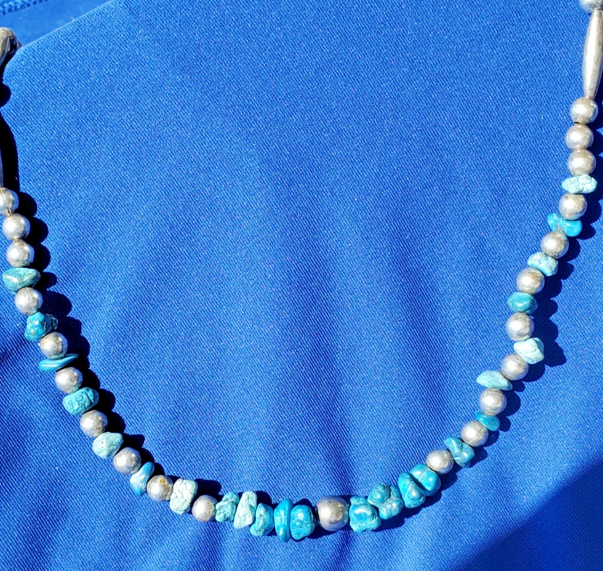 Original NATIVE VINTAGE NAVAJO TURQUOISE STERLING SILVER Beads NECKLACE 21″ INCH