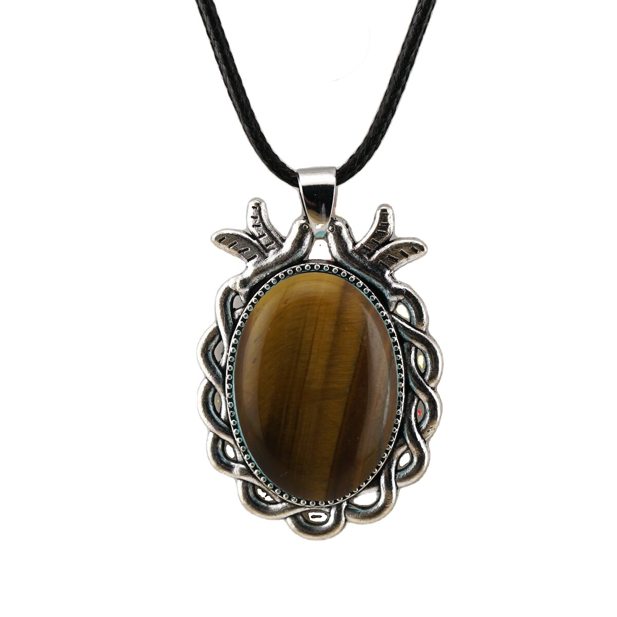 Natural Gemstone Oval Pendant with Lace and Bird Feather Wrapped Necklace