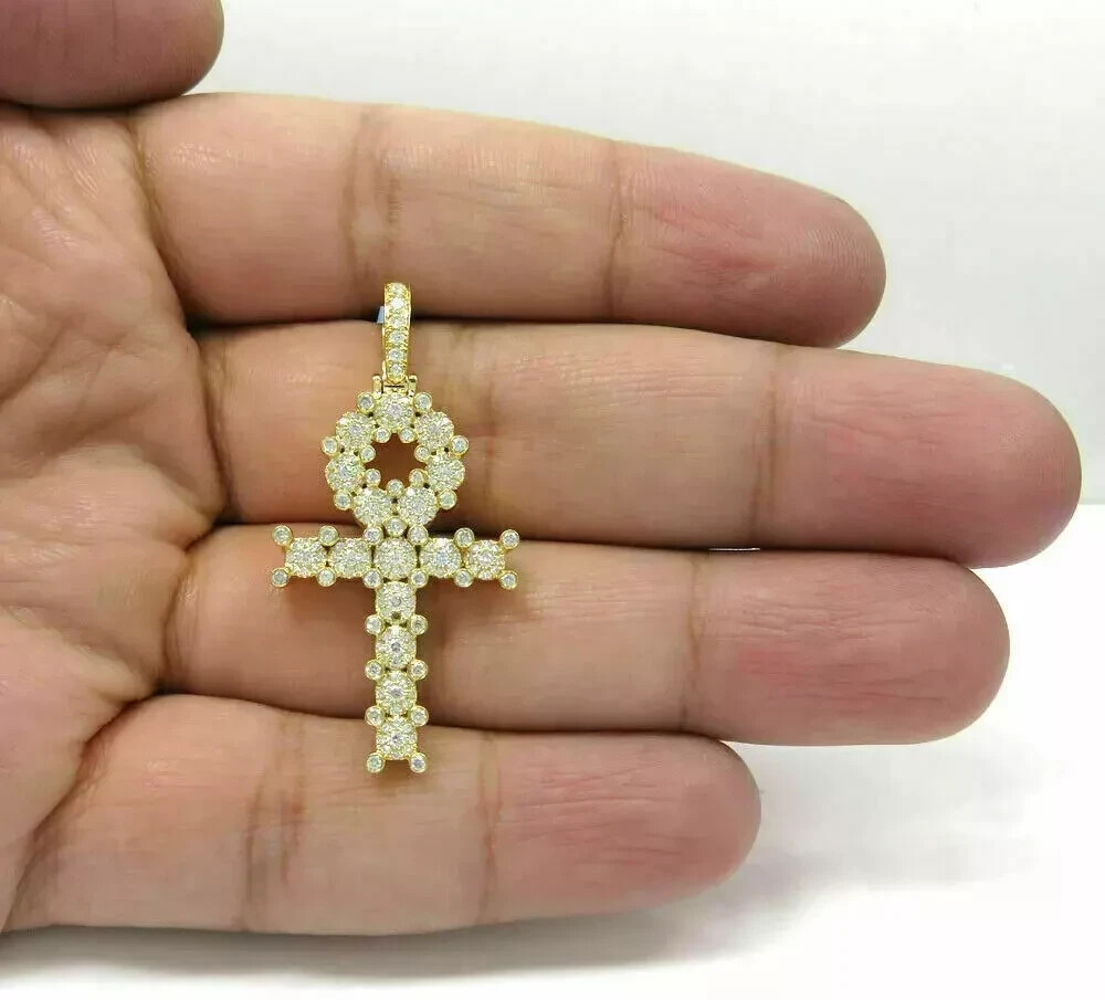 2Ct Round Cut VVS1 Diamond Ankh Cross Pendant 14K Yellow Gold Finish
