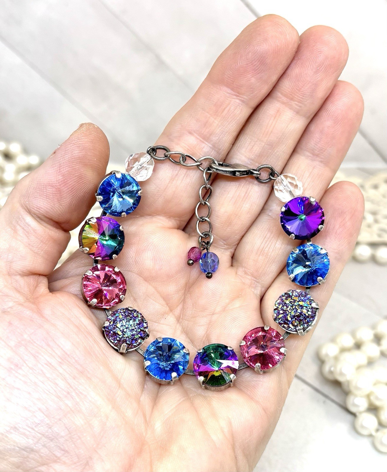 12mm Antique Silver Plated Ice Blue And Pink Druzy Cup Chain Statement Bracelet