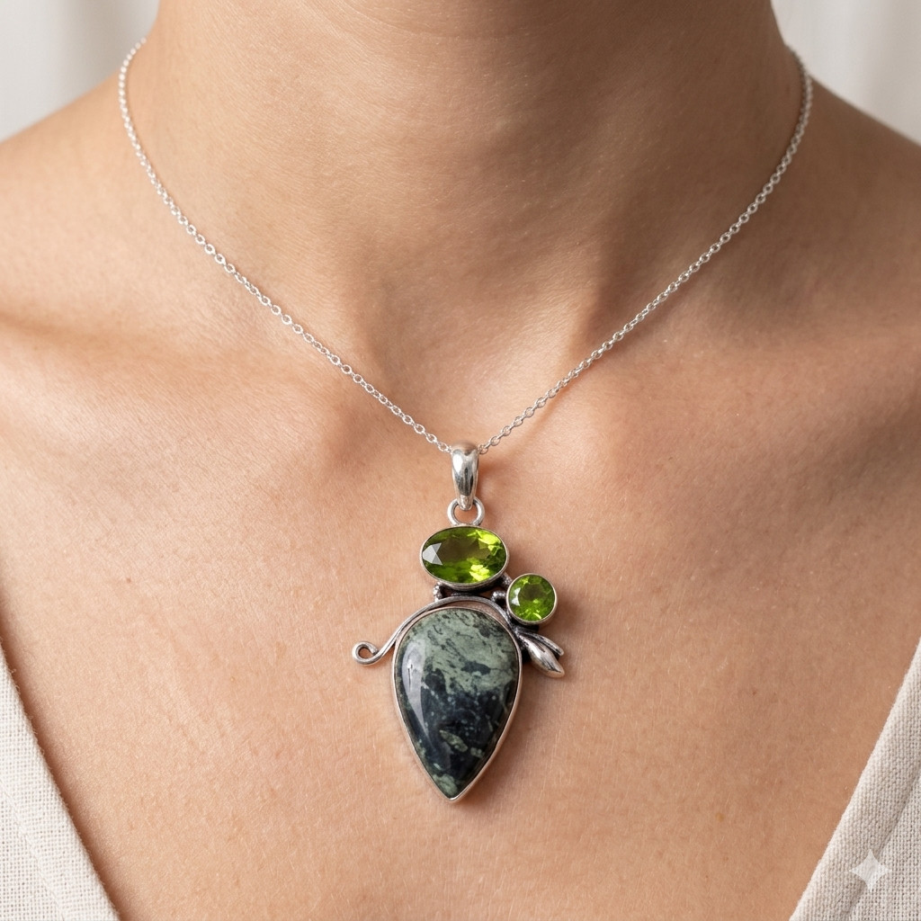 Natural Galaxy Jasper Peridot Sterling Silver Mother Wedding New Pendant Jewelry