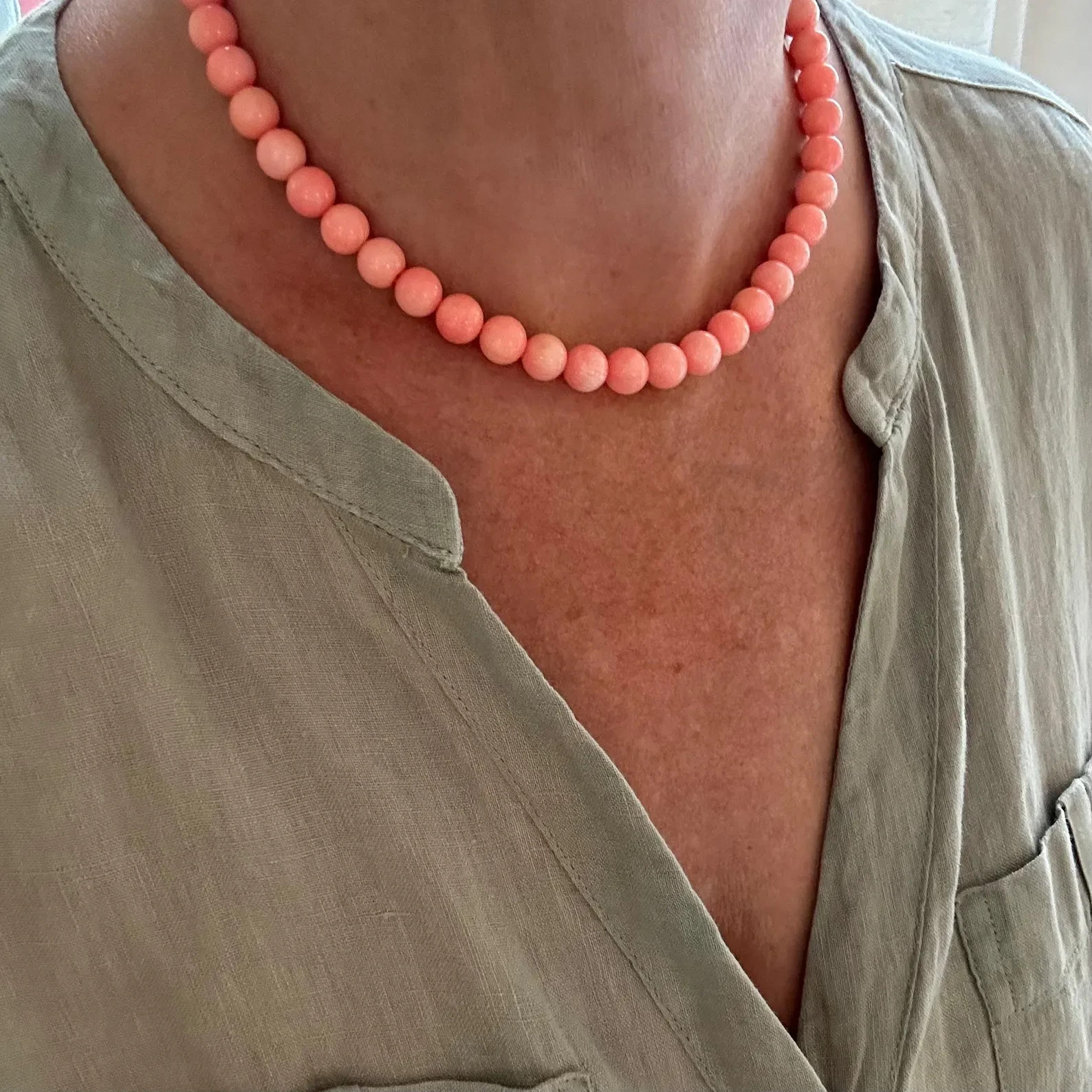 Pink Coral Necklace 14k Solid Gold | 9mm Round Salmon Peach Choker Stack