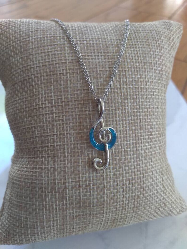 Silver Blue Opal Music Note Necklace Violin Piano G-Clef Treble Clef
