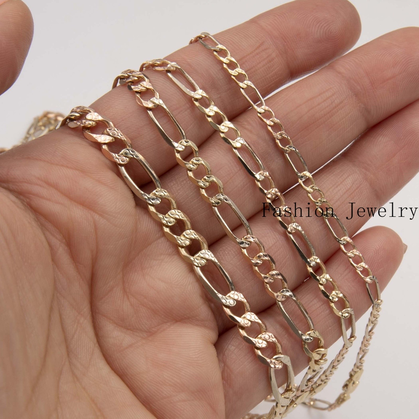 Solid 10K Gold Diamond-Cut Figaro Link Chain Necklace 10K Yellow White Rose Gold