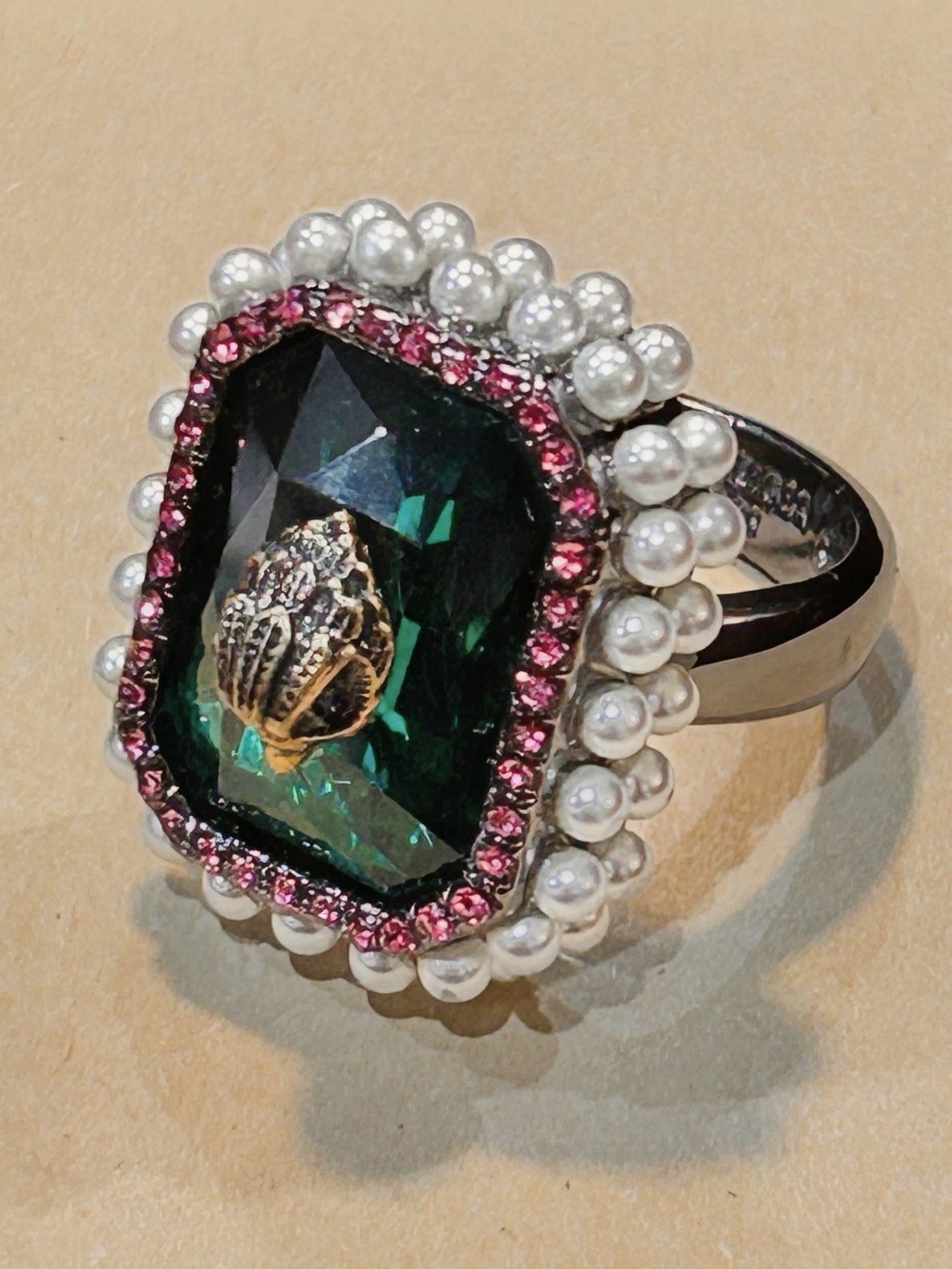 Kurt Geiger London Green Emerald-Cut Crystal Pearl Halo Cocktail Ring Size 8