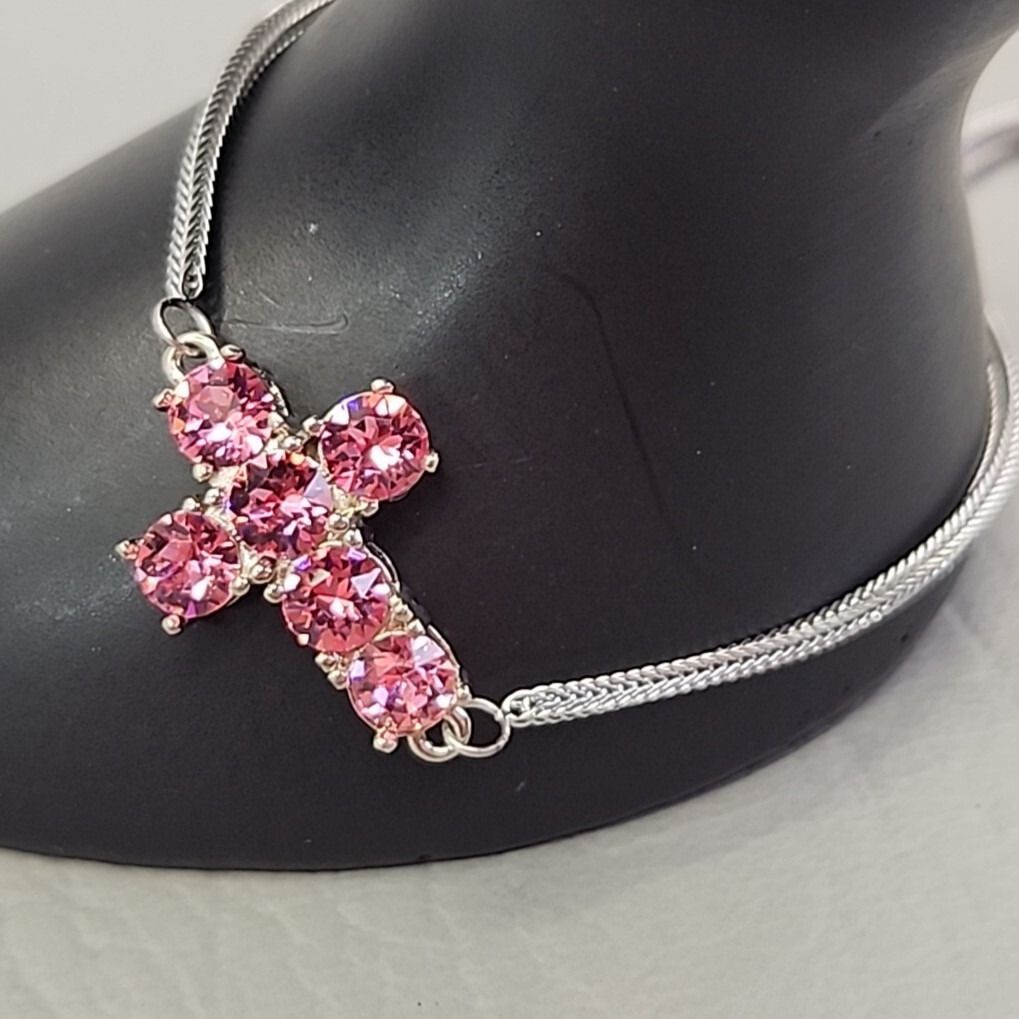 Cross Bracelet STS Karis Made with Swarovski Rose Crystals Pink Steel Mix
