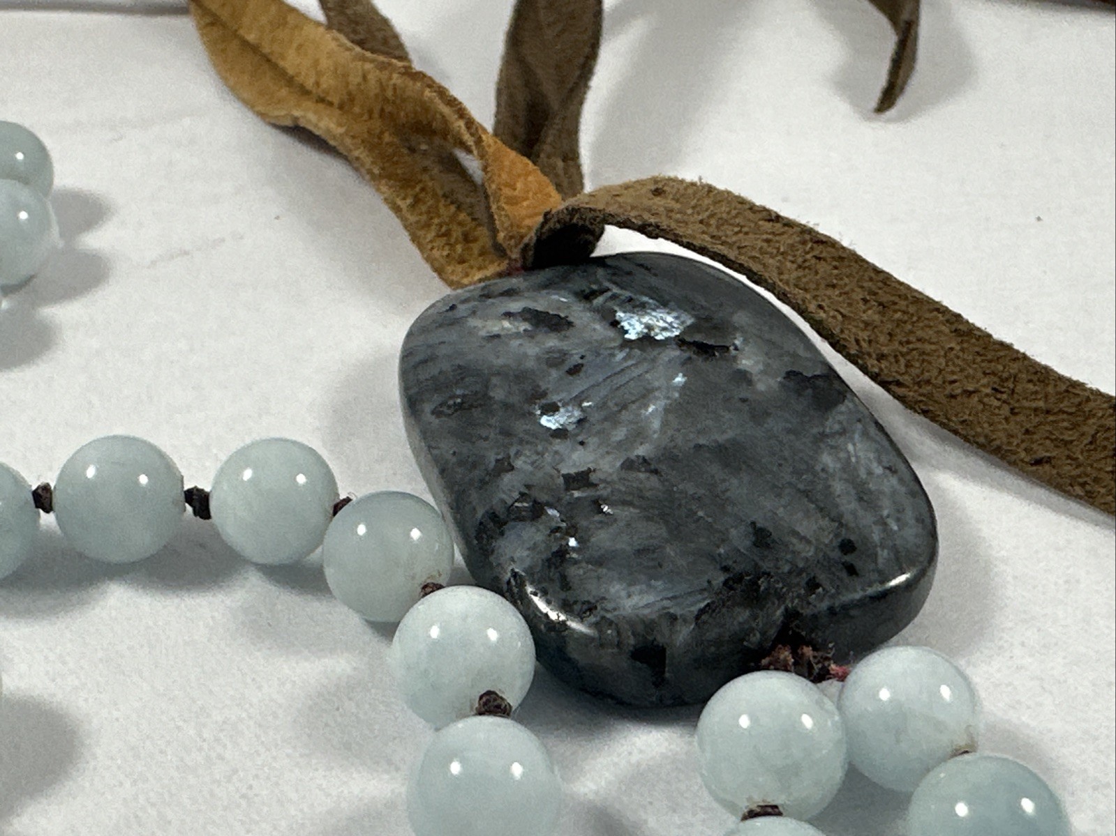 Silver Shimmer Larvikite Pendant ~ Hand Knotted Snowy Jade Beads 26″ Necklace