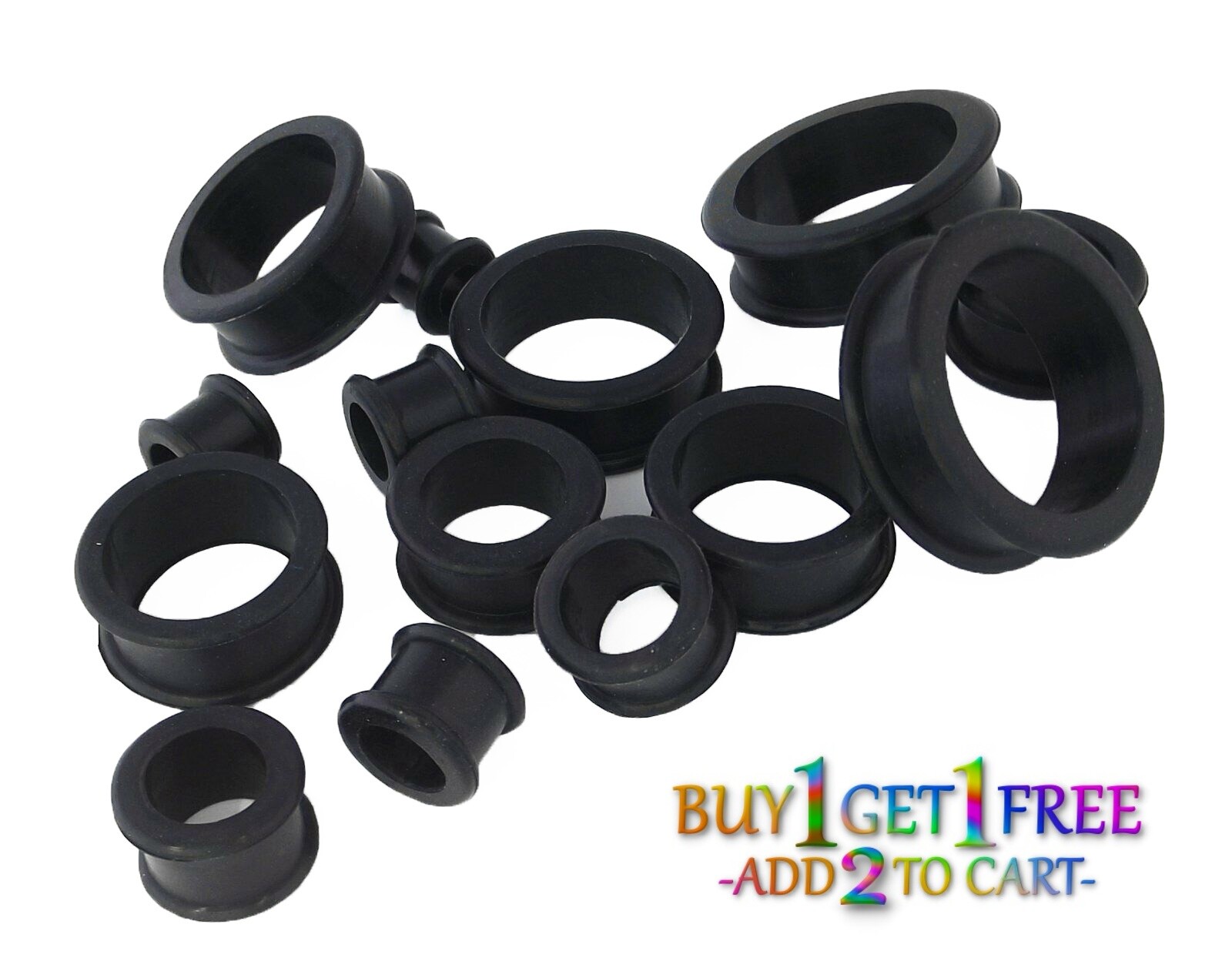 Pair 12g-50mm BLACK SILICONE FLAT FLARE TUNNELS Double Gauges Thin Flesh 3000