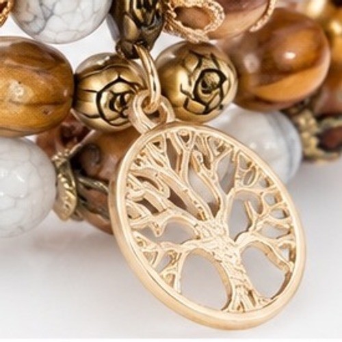Tree of Life Stretch Bracelet 4-Set Earth Tone Wood & Stone Nature Spiritual