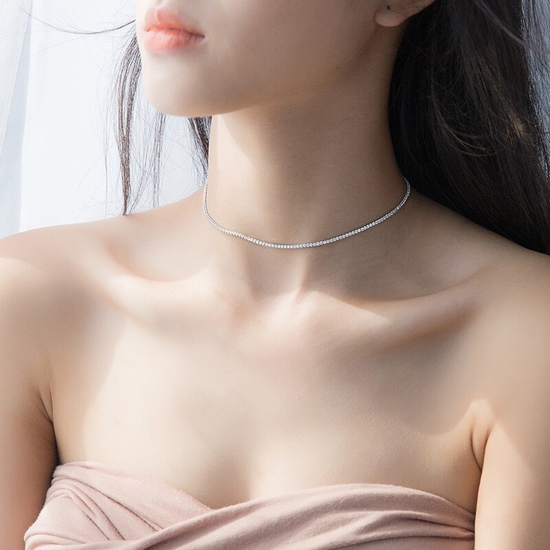 Stunning Genuine 925 Sterling Silver CZ Crystal Choker Tennis Necklace 32cm-38cm