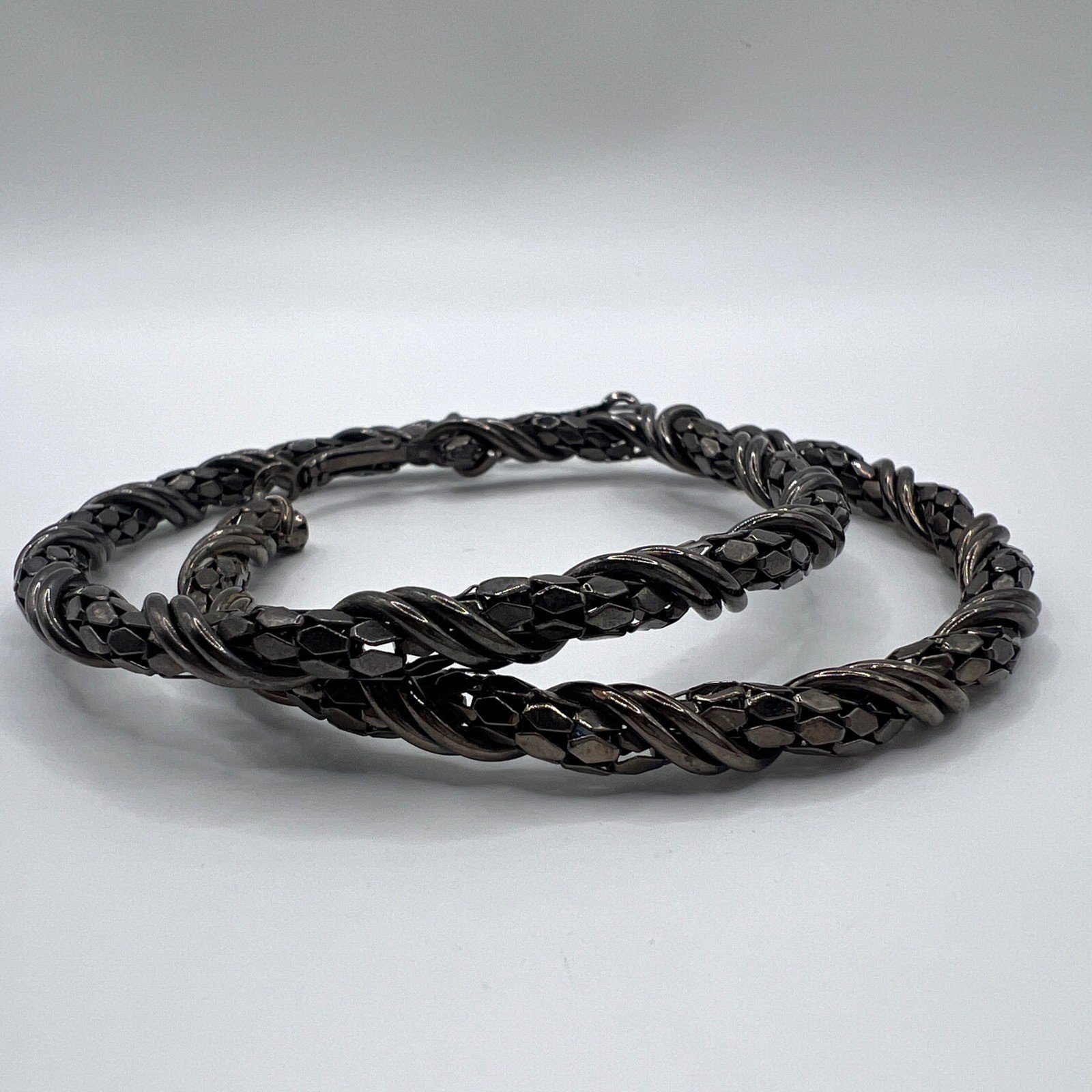 Gunmetal Grey Twisted Rope Textured Large Hoop Earrings Latch Back Statement