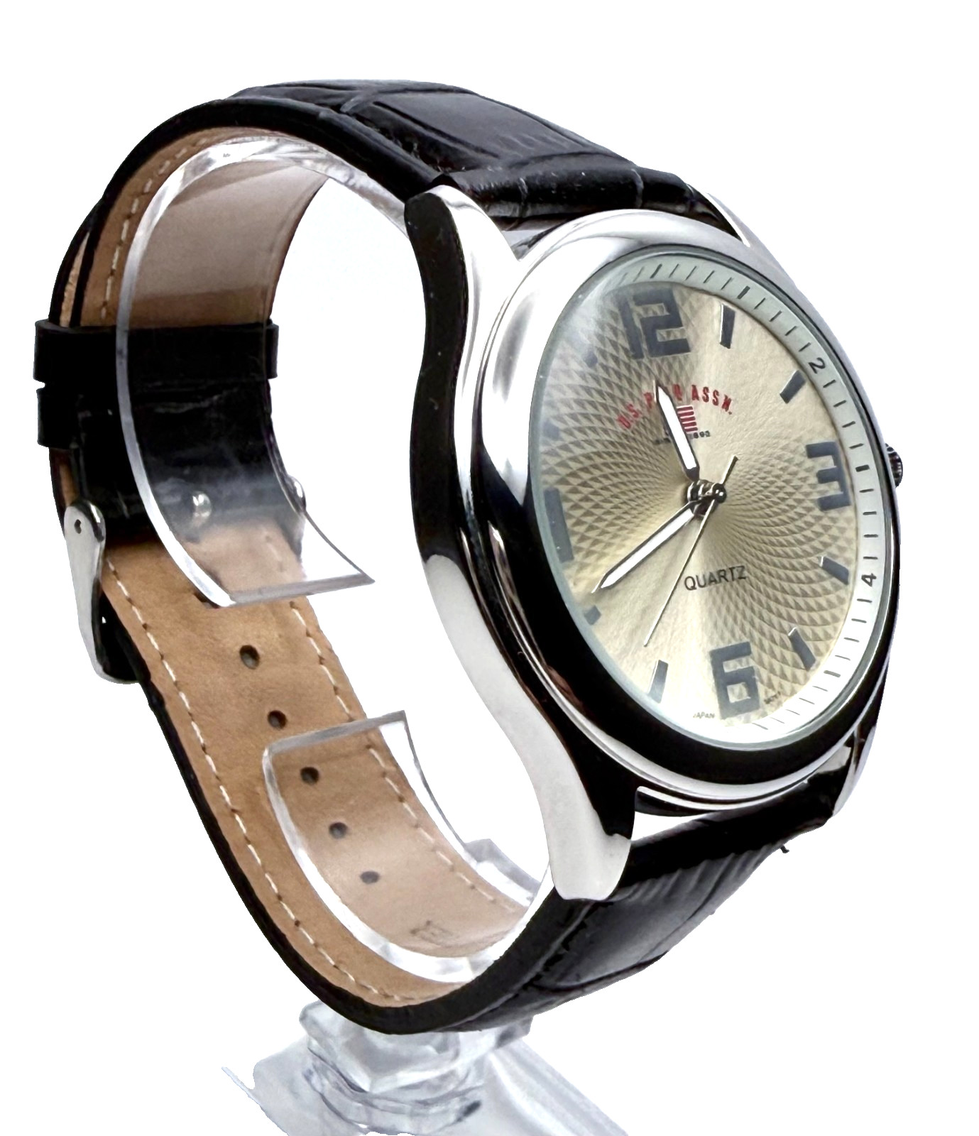 U.S. POLO ASSN. US5131 FANCY GOLD/SILVER DIAL BLACK LEATHER BAND MENS WATCH~NWOT