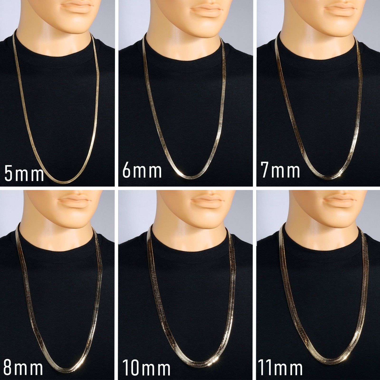 Herringbone Chain 5mm – 11mm | 30″In 14K Gold Plated Hip hop Yello Flat Necklace