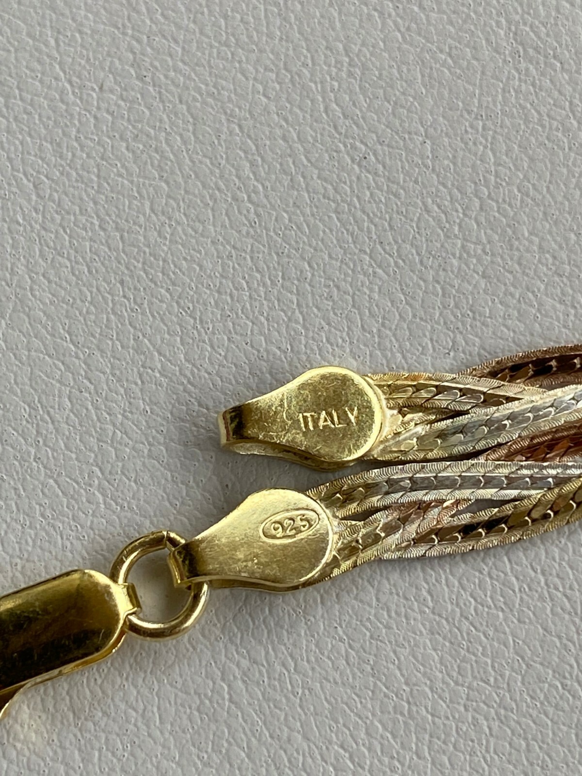 925 Silver TriColor Yellow Rose Gold Plated Twisted Braided Herringbone Bracelet
