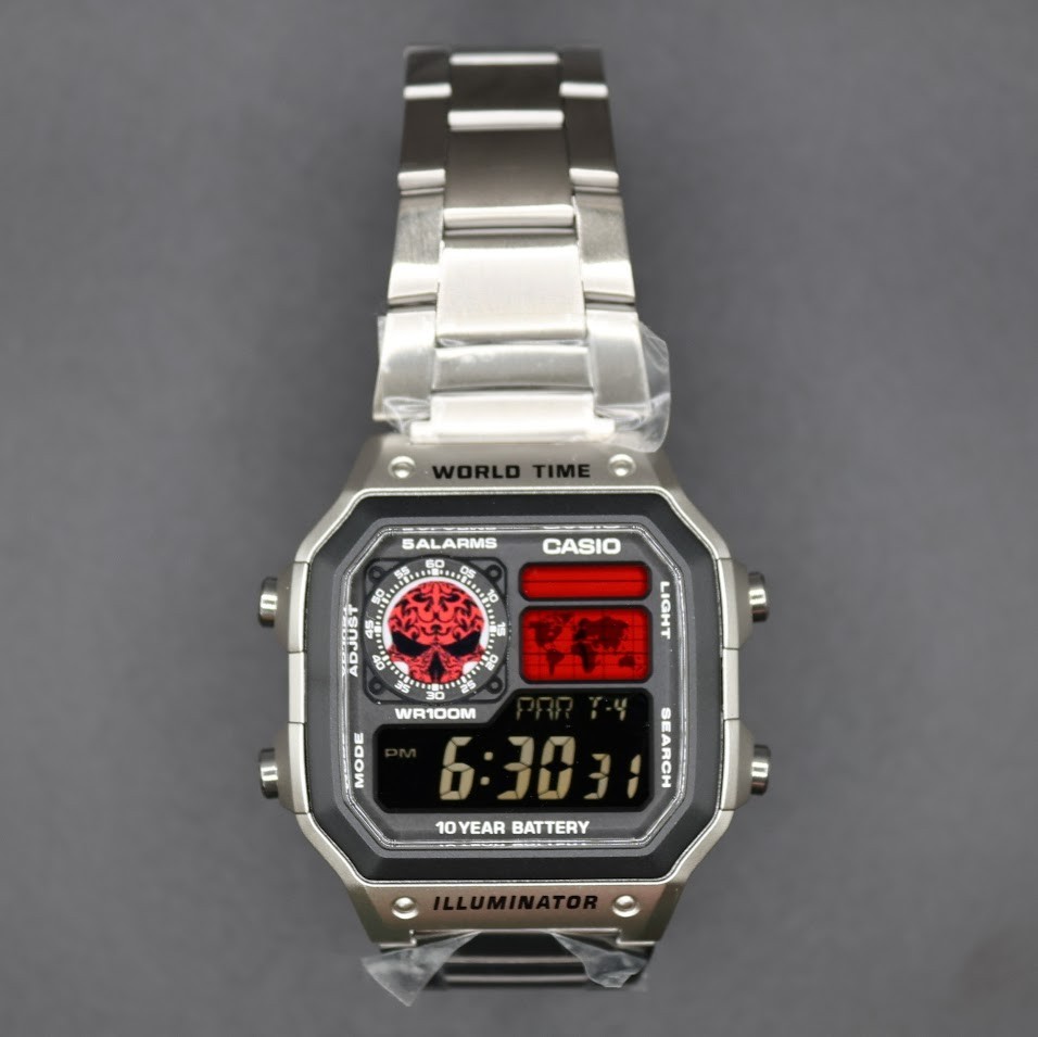 CASIO AE-1200WHD. Royale World Time Watch Mod. Negative Display – Red Skull Dial