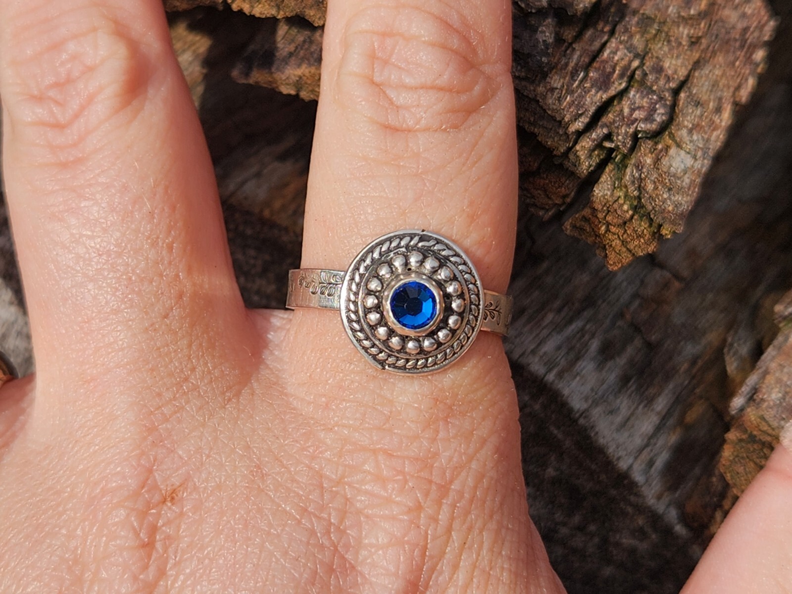 Handmade Sterling Silver Blue Swarovski Crystal Ring, Size 9.5, Leaf Leaves Band