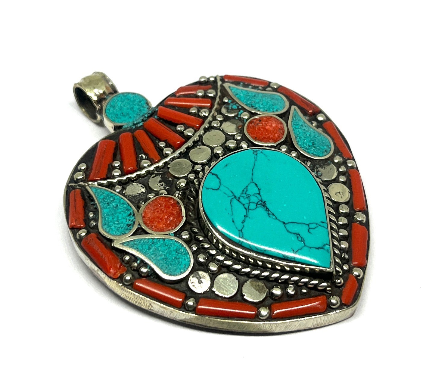 Ethnic Red Coral Turquoise Gemstone Tibetan Style Pendant Jewelry, 2.9 inch