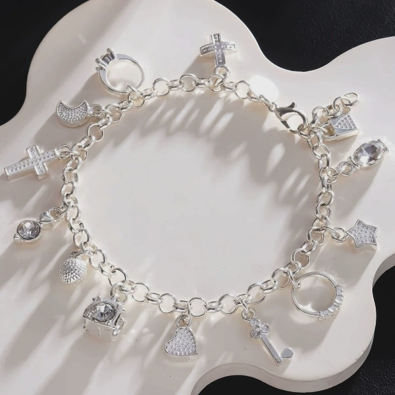 Boho Shining CZ Multiple Dangle Charm Silver Plated Alloy Chain Bracelet