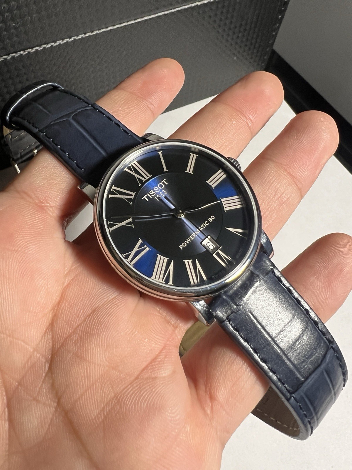 Tissot Carson Powermatic 80 Automatic 40mm Blue Dial Roman Leather Strap Date