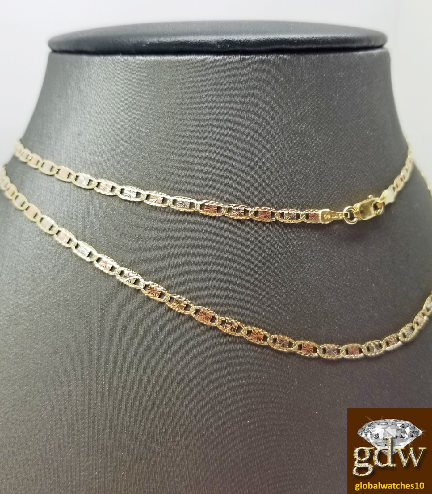 Real Trio-Gold Women Link Chain with Diamond Cuts and 24 Inches Lobster Clasp