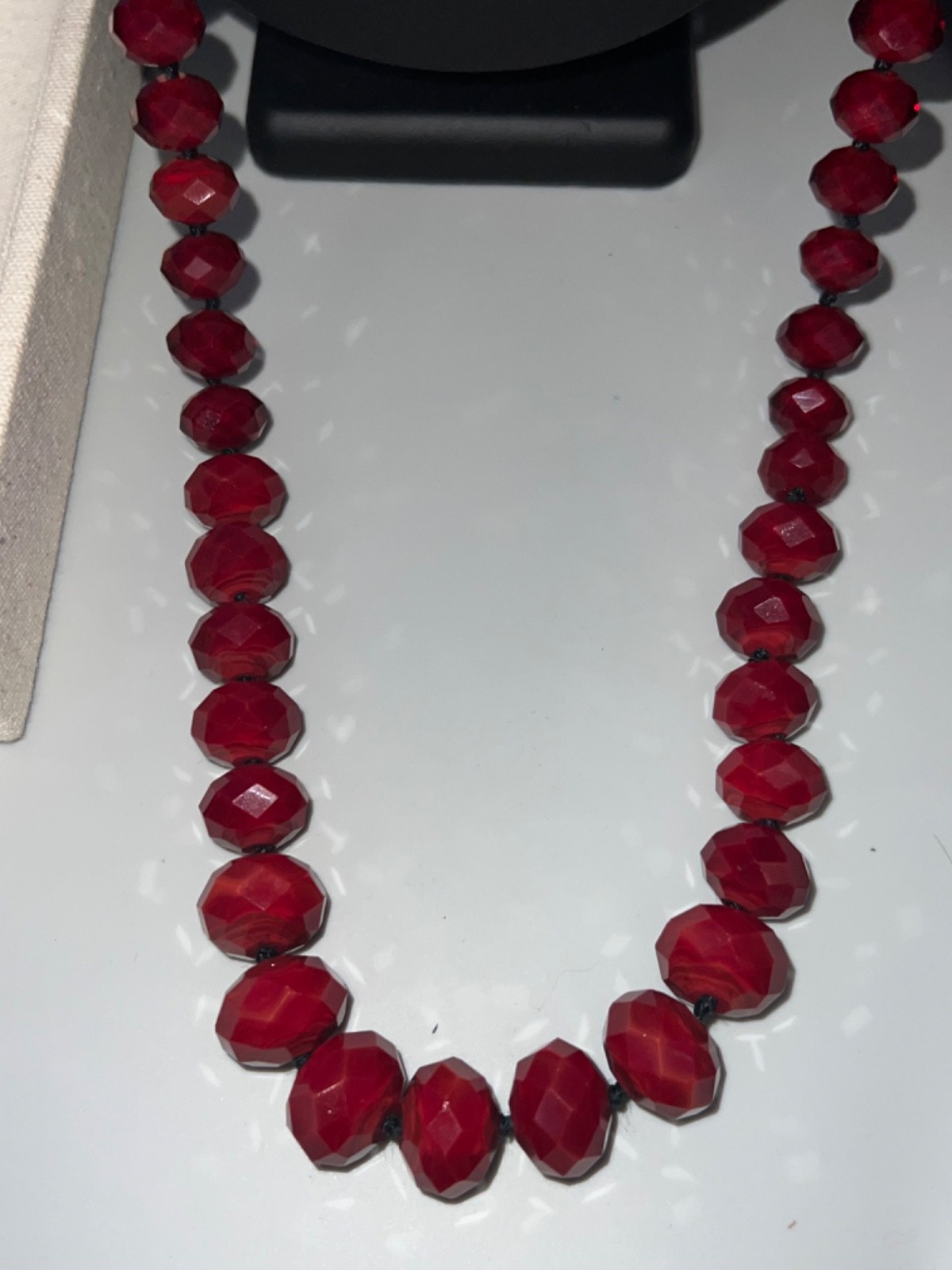 Vintage Long Hand knotted Graduated Faceted Red Glass Crystal Beaded Necklace