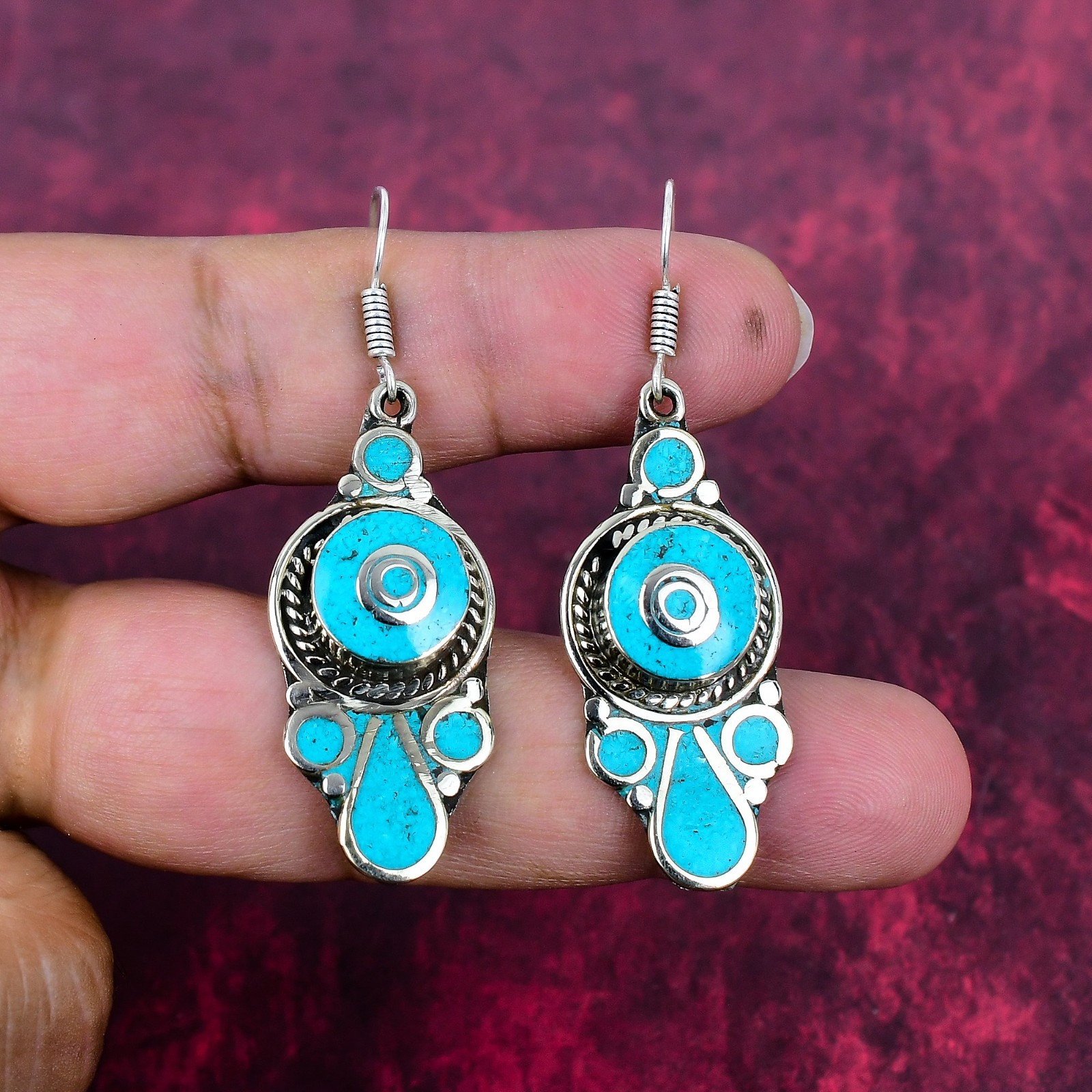 Turquoise Gemstone Handmade 925 Sterling Silver Tribal Earrings Nepali Jewelry