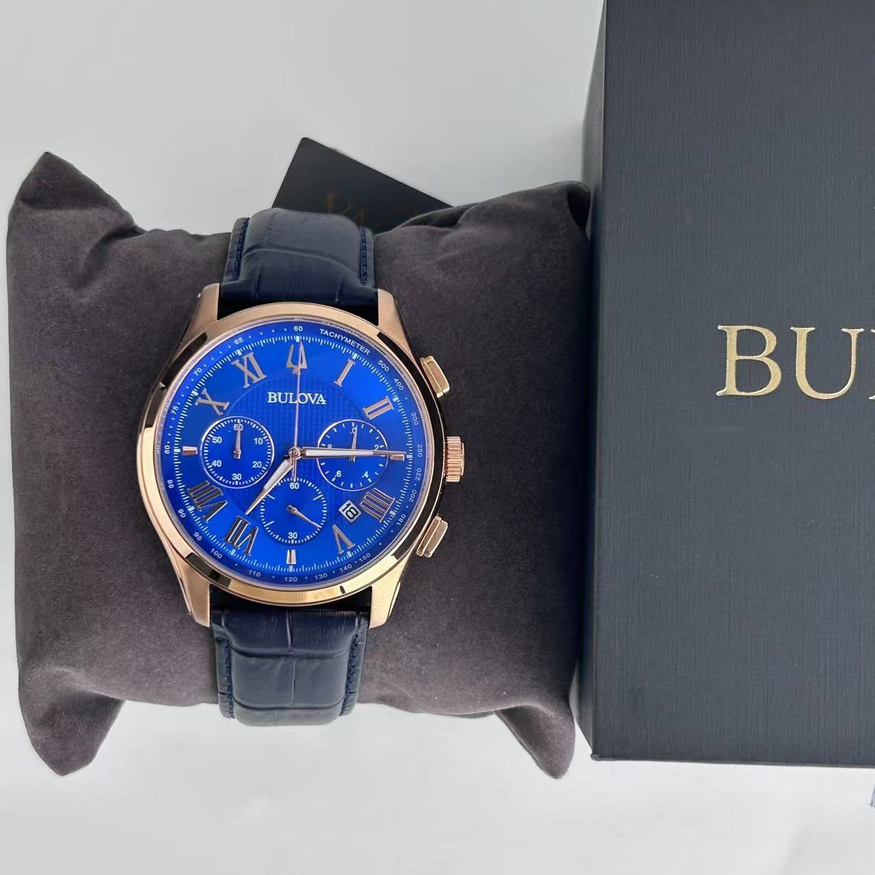 Bulova Wilton Classic 97B170 Blue Dial Leather Strap Men’s Quartz Watch 46.5 mm