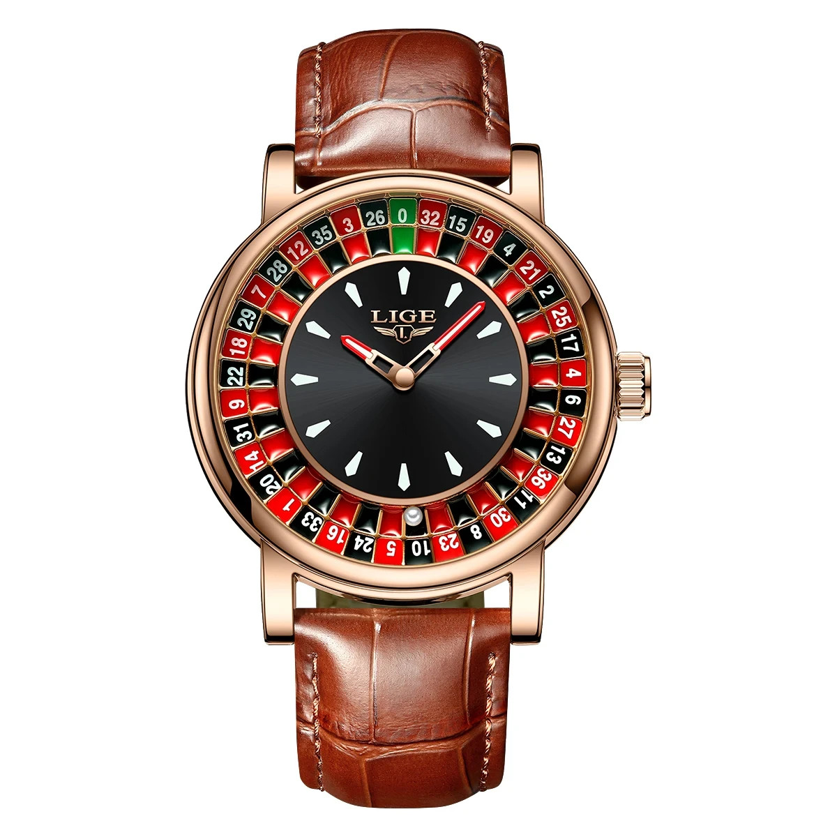 LIGE Men’s Roulette Casino Quartz Watch 49mm Rotating Dial Luminous Waterproof