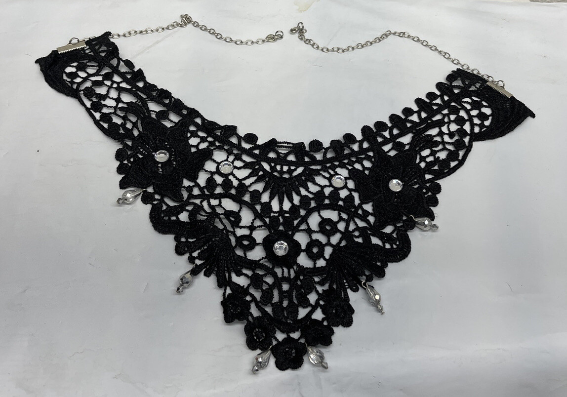 Black Floral Pattern Lace Collar Gothic Applique Faceted crystals Lobster Clasp
