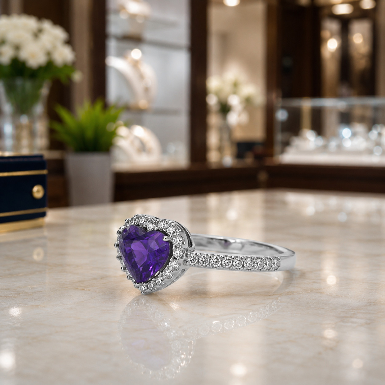 Natural Amethyst & Diamond Wedding Gift Ring 14k White Gold Sz 7 (Import Free)