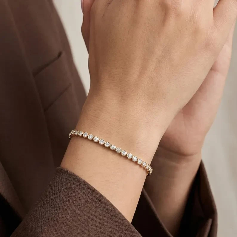 Natural Diamond Women’s Tennis Bracelet Bezel Style In 14k Solid Yellow Gold