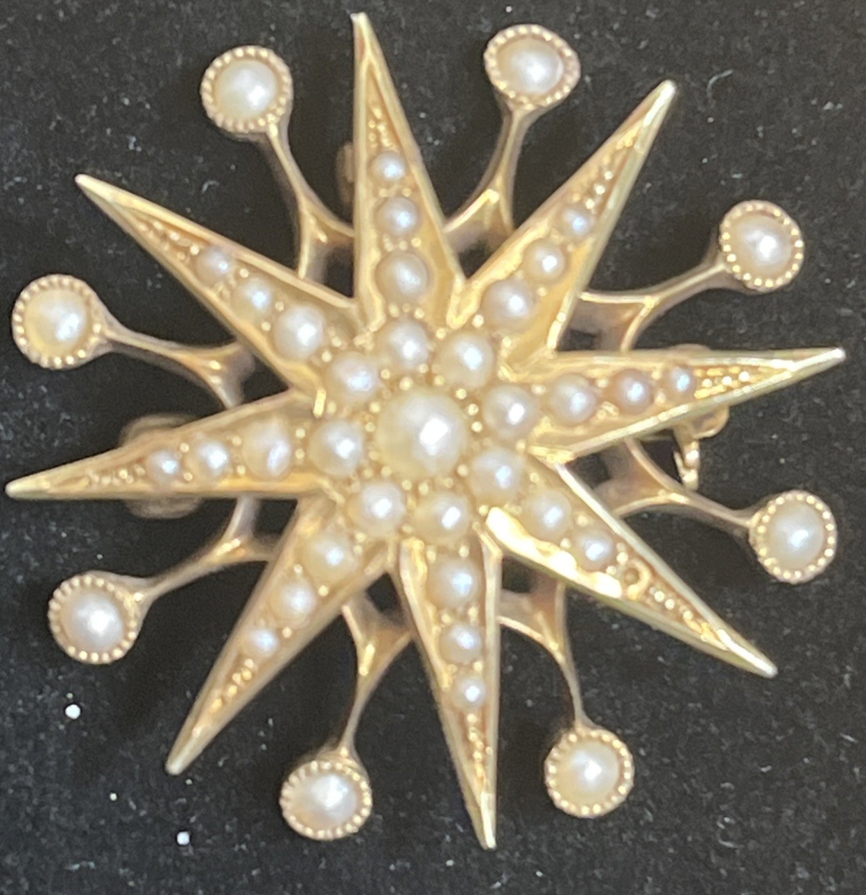 Antique Victorian 14K Gold Starburst Brooch Pin Seed Pearl AJ Hedges Sign 4.64g