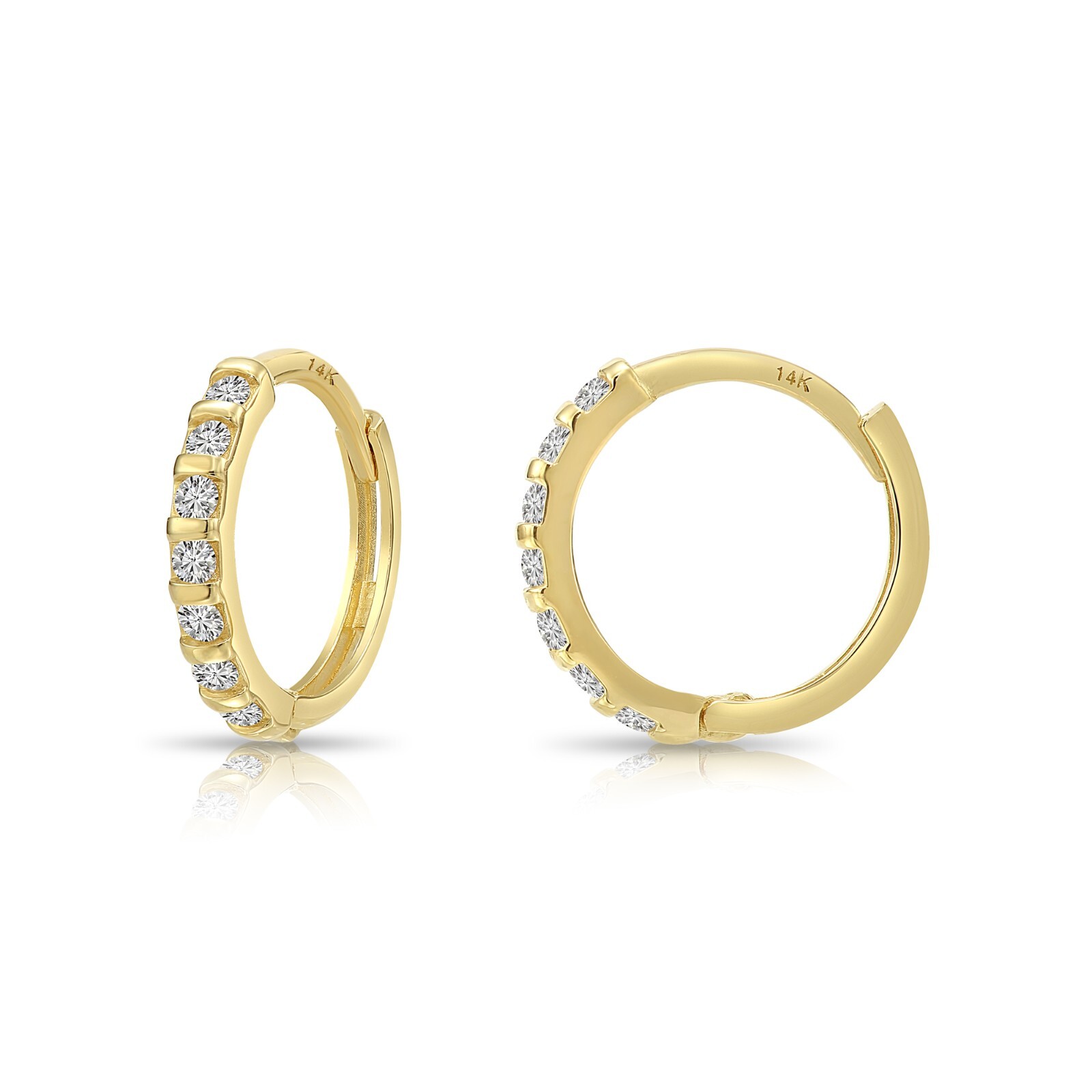 14K Solid Yellow Gold Dainty Pave CZ Eternity Huggie Hoop Earrings Small 12.5MM