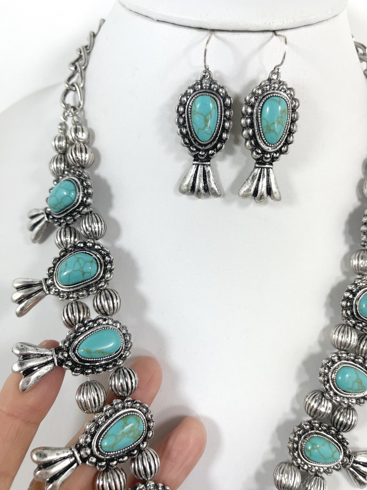 Squash Blossom Naja Pendant Necklace Earrings Set Southwestern Statement Boho