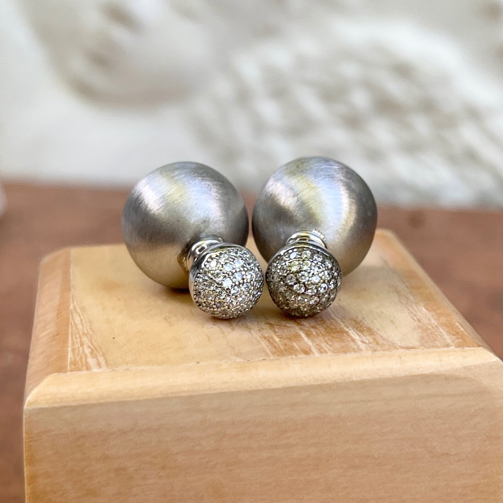 Brushed Sterling Silver Matte Finish + CZ Ball Double-Ended Ball Post Earrings