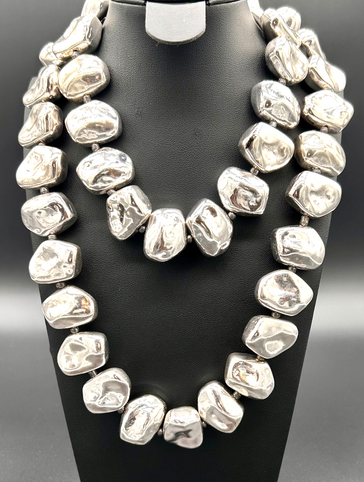 Chico’s Silver Tone Chunky Nugget Pebble Bead Statement Necklace 21″ Long Signed