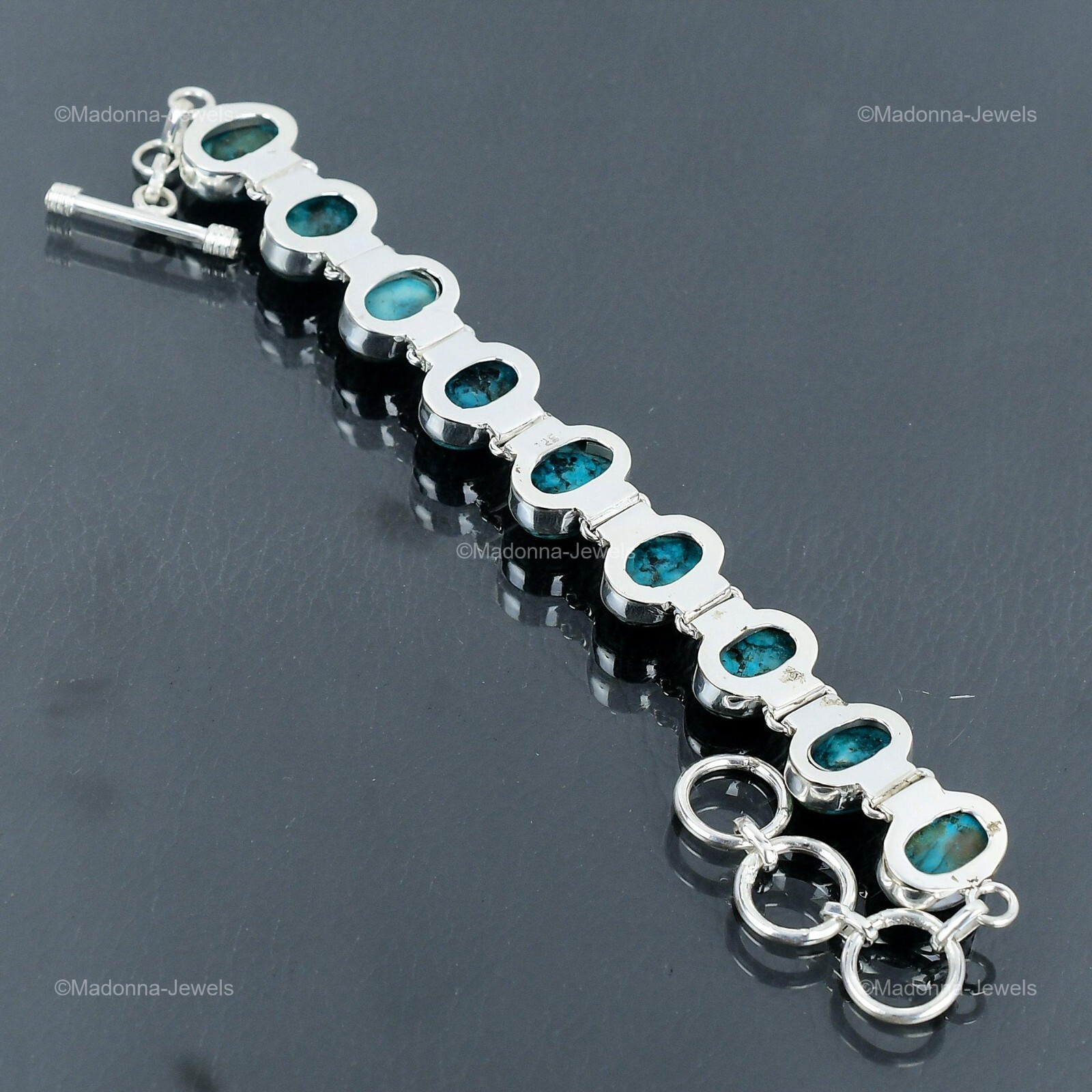 Valentines Deal Oval Tibetan Turquoise Gemstone Chain Bracelet Sterling Silver