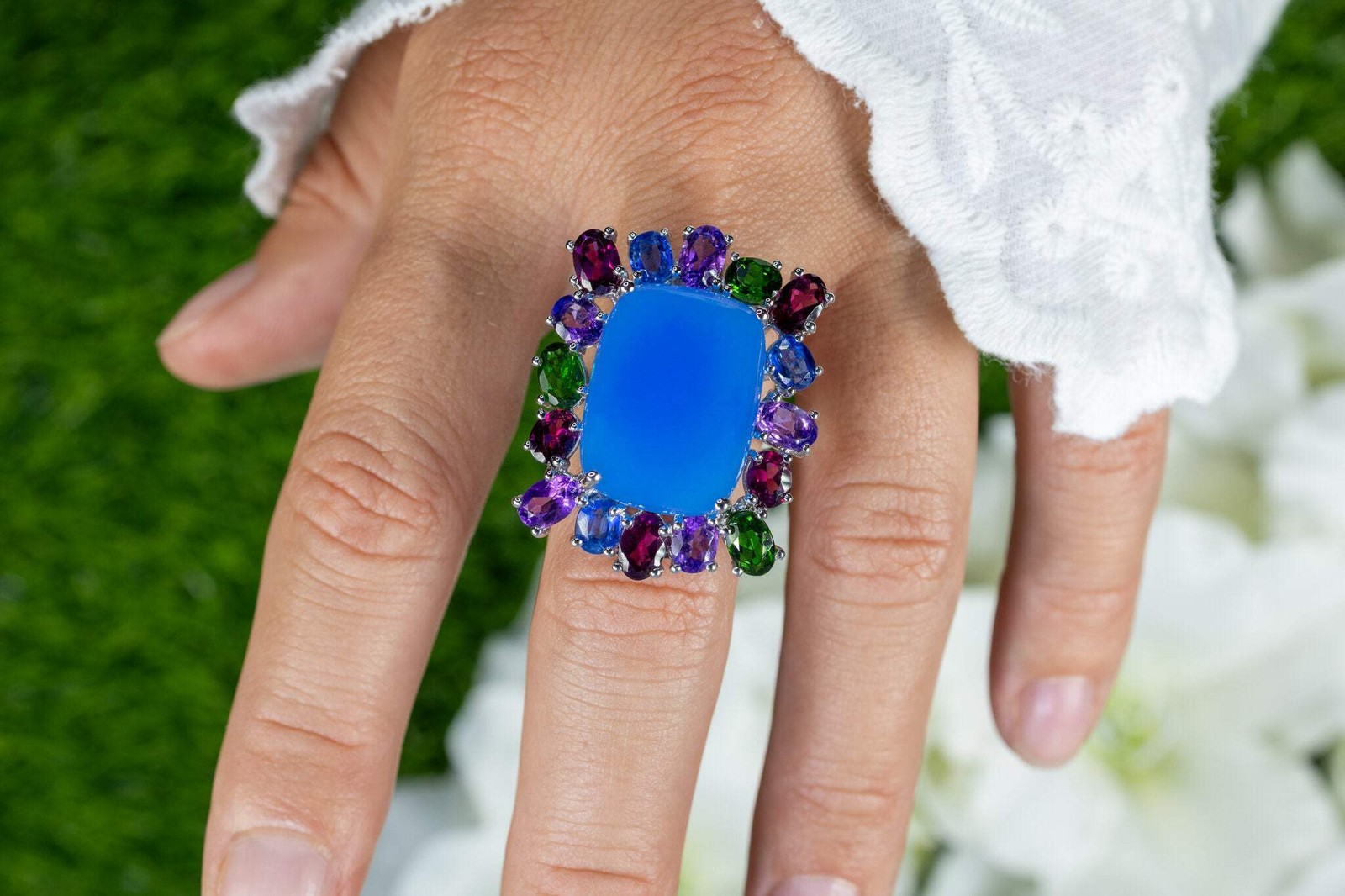 Natural Blue Chalcedony Ring 26ct Multi Gemstone Halo Sterling Silver Size 7