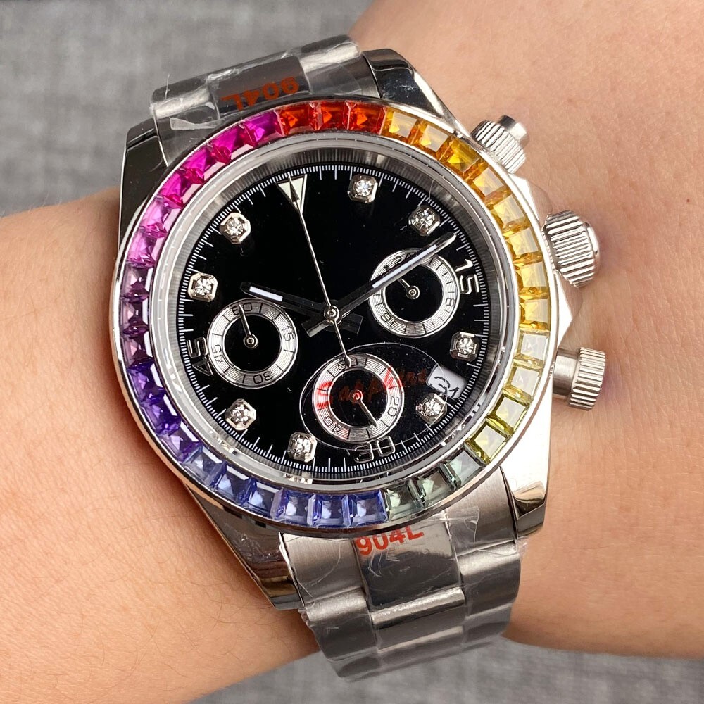 39mm Sterile Black Dial Sapphire Glass VK63 Quartz Mens Watch Colored diamond