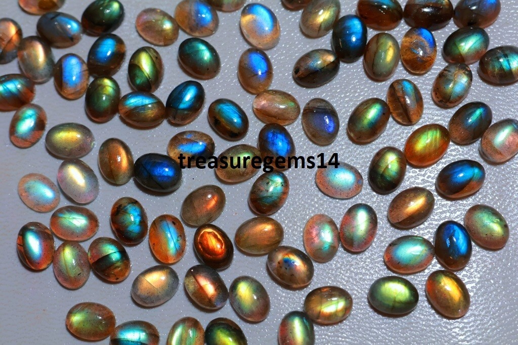 150 CT WHOLESALE LOT NATURAL MULTI FIRE LABRADORITE 7X9 mm OVAL CABOCHON