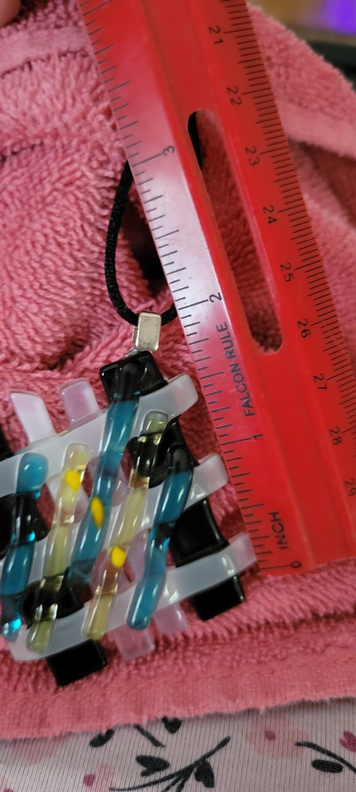 Multicolor Fused Glass Square Pendant Necklace, Black Cord, Extender Unique