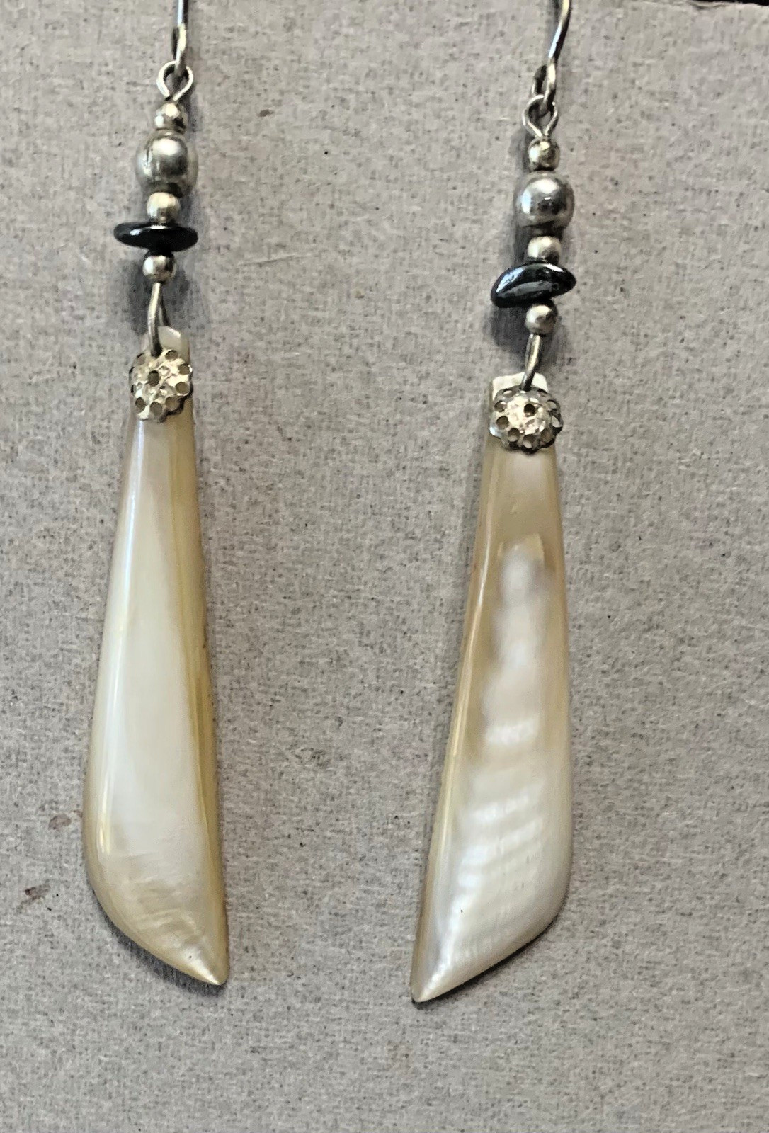Vintage Mother of Pearl Dangle Earrings Long Tapered Shell Artisan Boho Jewelry